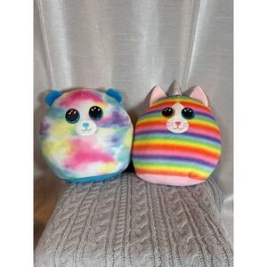 Ty Beanie Boos Pair Hope the Rainbow Cat and Pixy the Tie Dye Bear Plush Toy Set